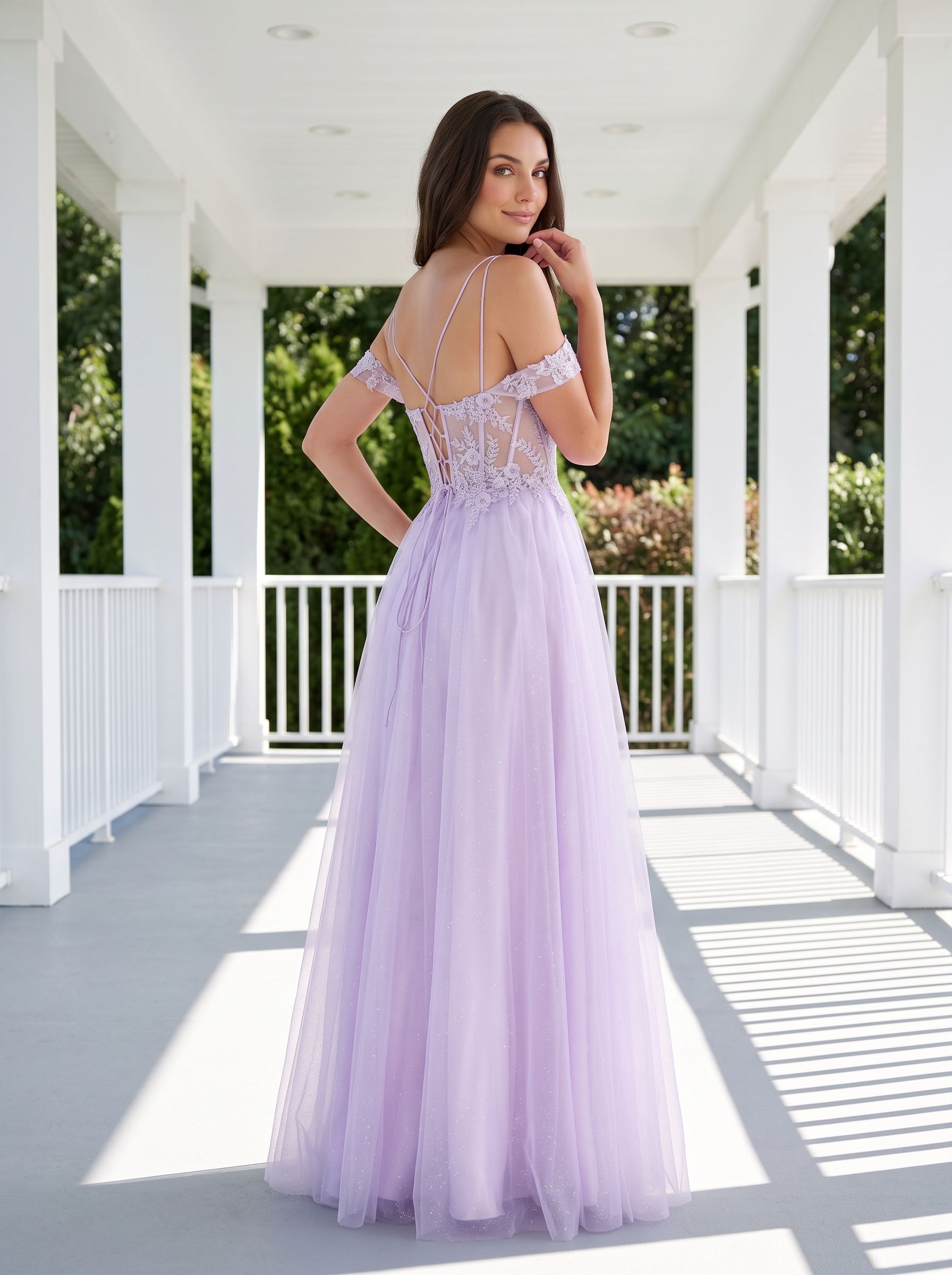 Lilac Tulle A-Line Off-the-Shoulder Lace-up Floor-Length Dress with Embroidered Corset and High Slit