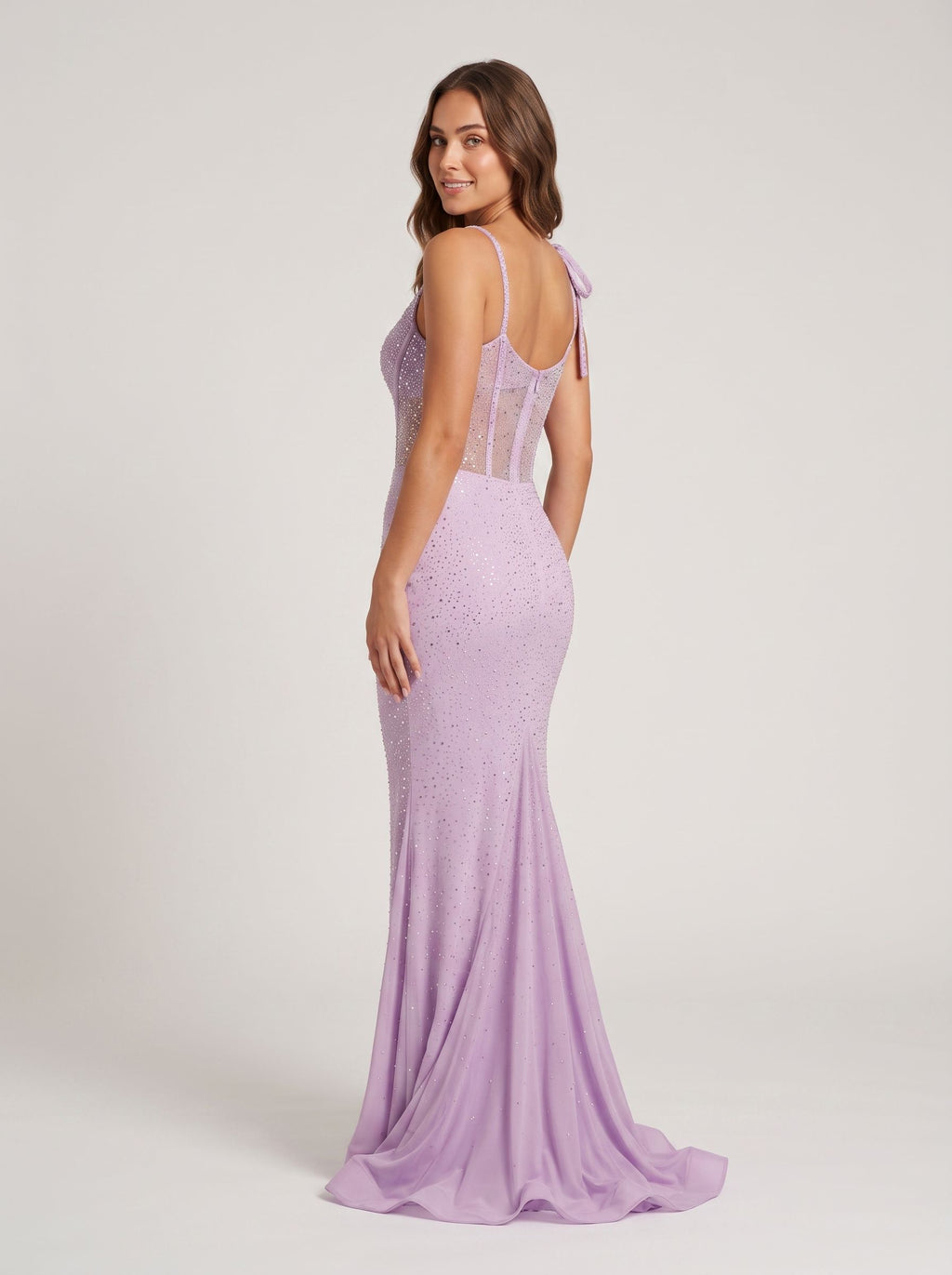 Lilac Beaded Mesh Sheath One Shoulder Corset Back Floor-Length Dress with High Slit