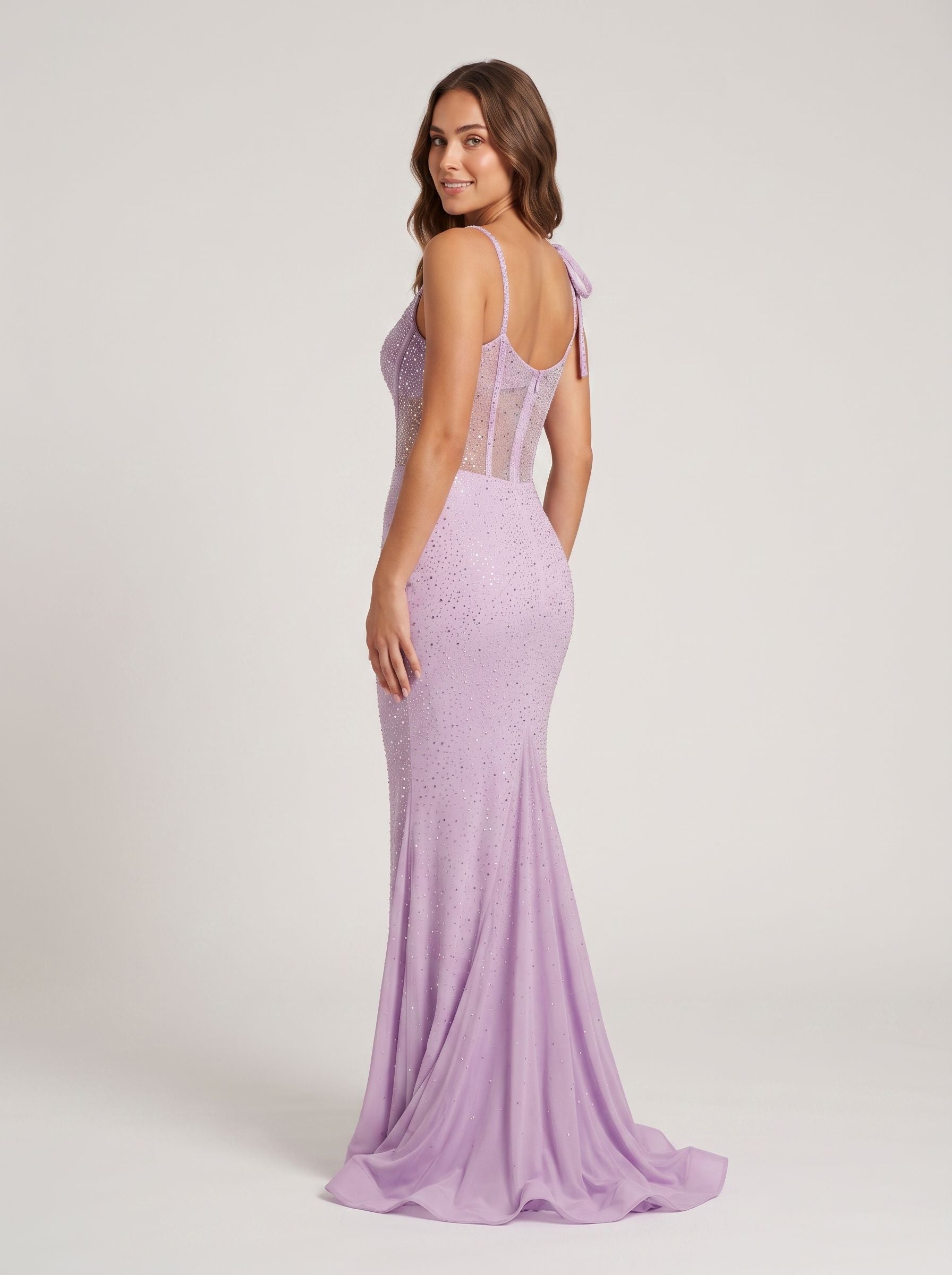 Lilac Beaded Mesh Sheath One Shoulder Corset Back Floor-Length Dress with High Slit