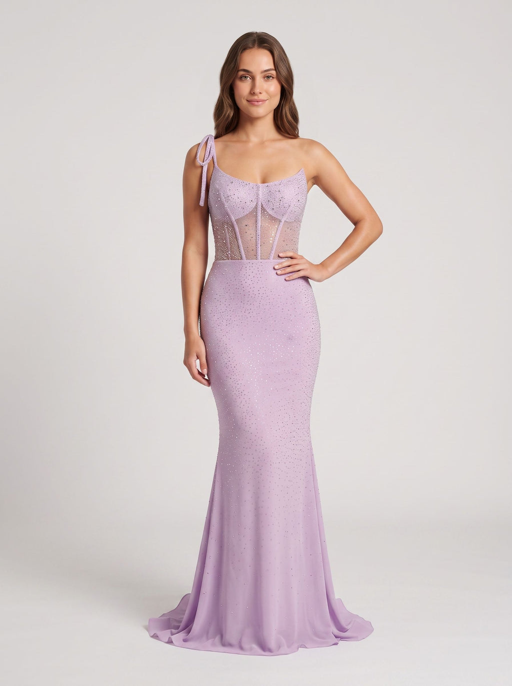 Lilac Beaded Mesh Sheath One Shoulder Corset Back Floor-Length Dress with High Slit
