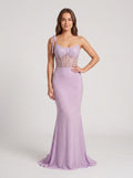 Lilac Beaded Mesh Sheath One Shoulder Corset Back Floor-Length Dress with High Slit