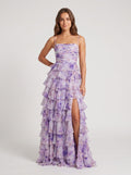 Purple Print Chiffon A-Line Straight Neck Back Zip Floor-Length Dress with Ruched Bodice and Ruffled Skirt