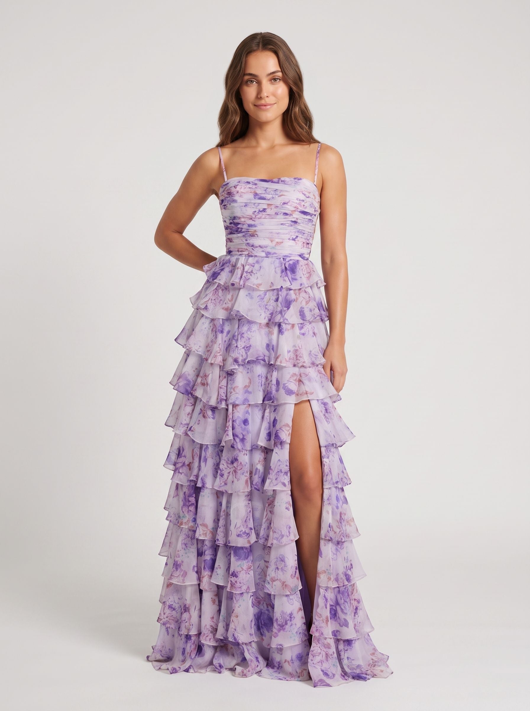 Purple Print Chiffon A-Line Straight Neck Back Zip Floor-Length Dress with Ruched Bodice and Ruffled Skirt