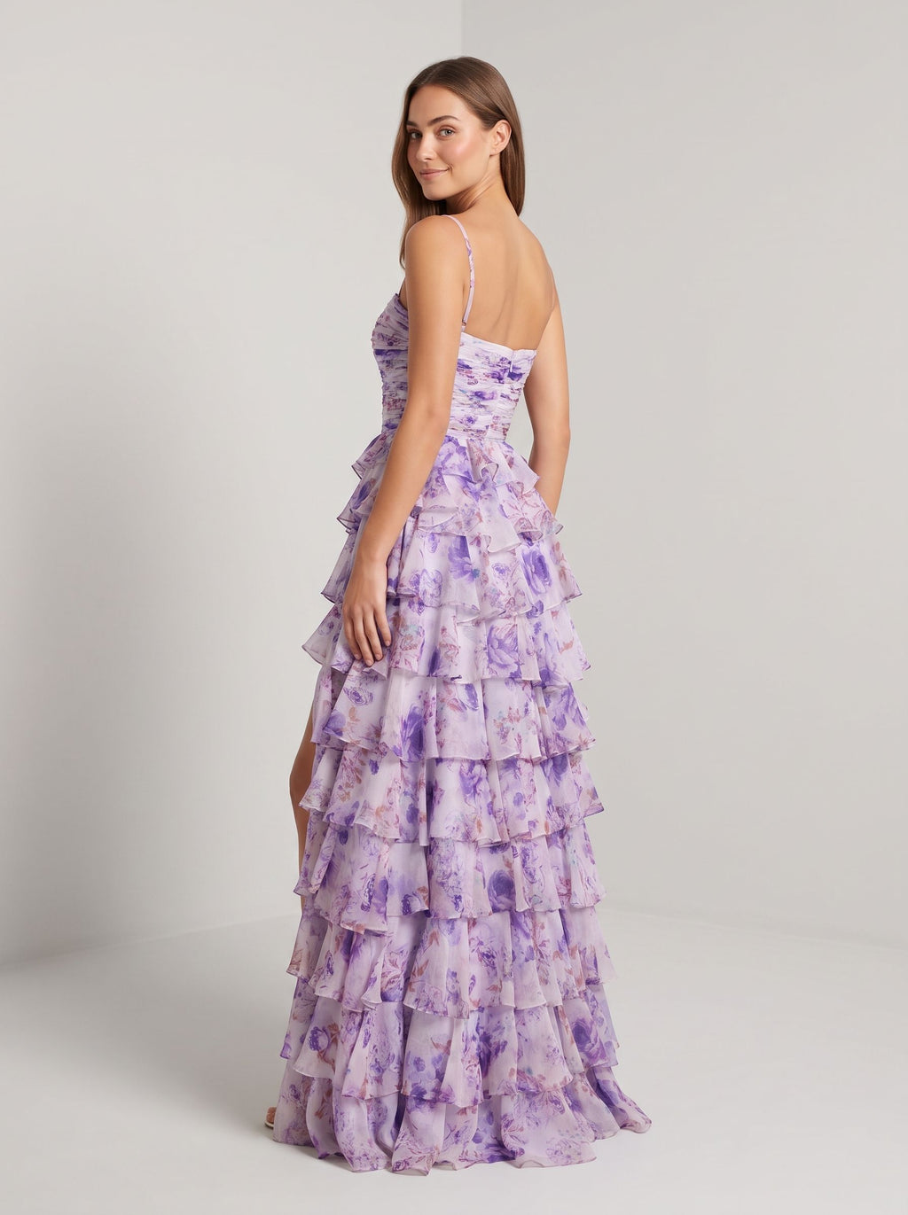 Purple Print Chiffon A-Line Straight Neck Back Zip Floor-Length Dress with Ruched Bodice and Ruffled Skirt