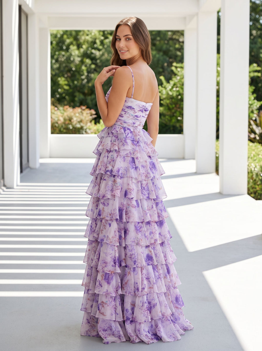 Purple Print Chiffon A-Line Straight Neck Back Zip Floor-Length Dress with Ruched Bodice and Ruffled Skirt