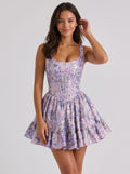 Purple Satin A-Line Scoop Neck Back Zip Short Dress with Ruffle