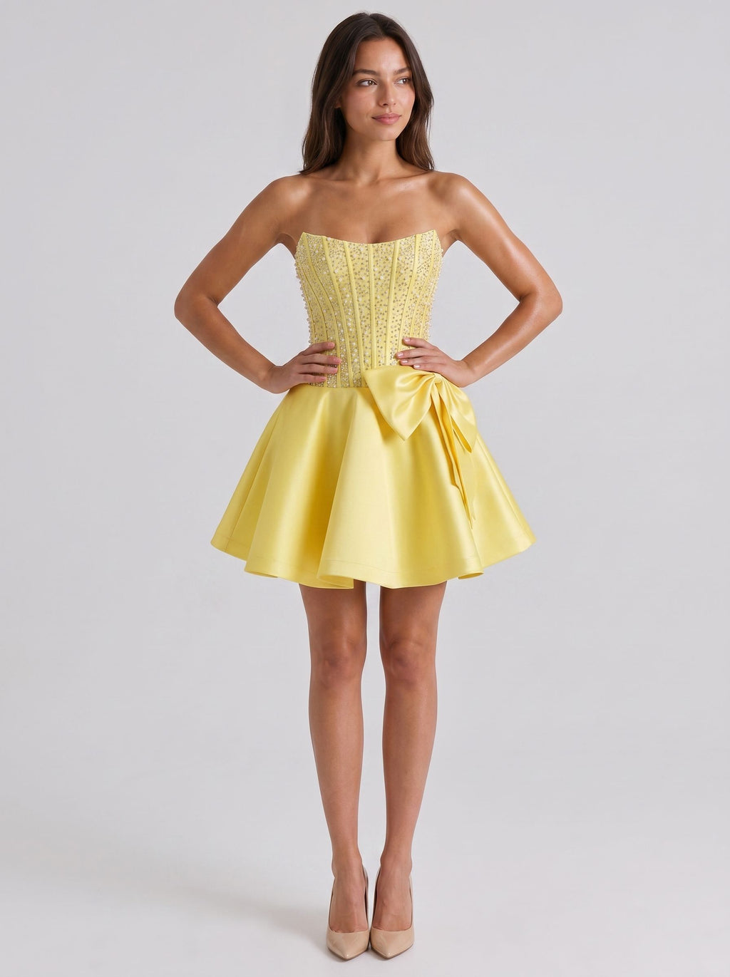 Daffodil Satin A-Line Straight Neck Back Zip Short Dress with Pearl Beaded Bodice