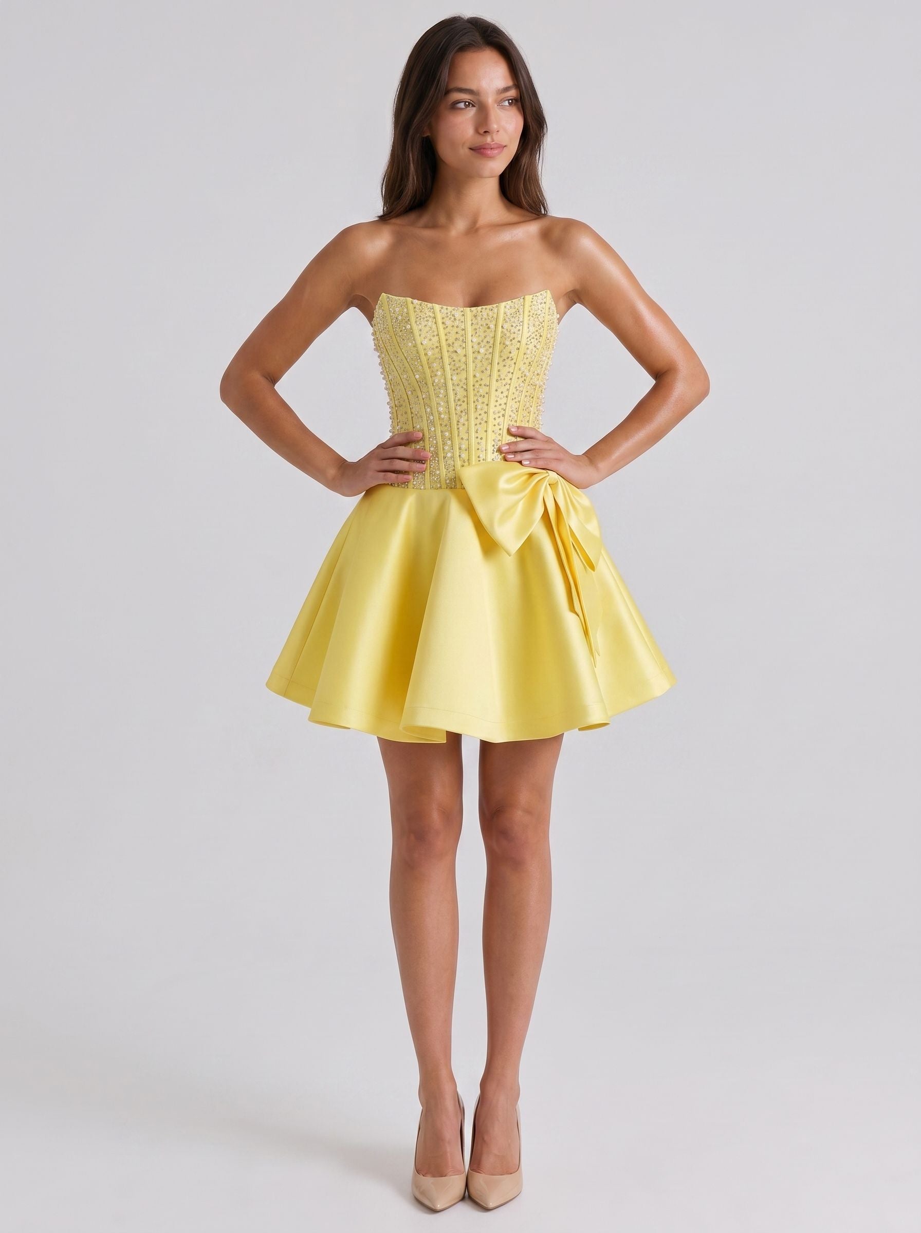 Daffodil Satin A-Line Straight Neck Back Zip Short Dress with Pearl Beaded Bodice