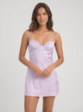Lilac Satin A-Line Sweetheart Bow-Tie-Back Short Dress with Lace Trim