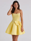 Daffodil Satin A-Line Straight Neck Back Zip Short Dress with Pearl Beaded Bodice