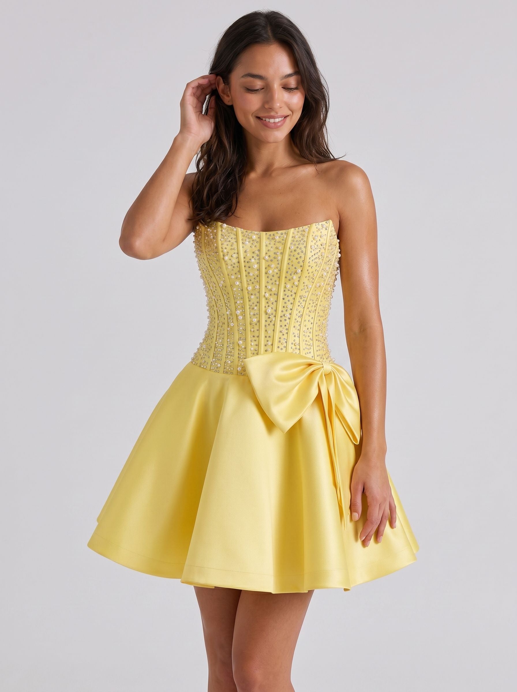 Daffodil Satin A-Line Straight Neck Back Zip Short Dress with Pearl Beaded Bodice