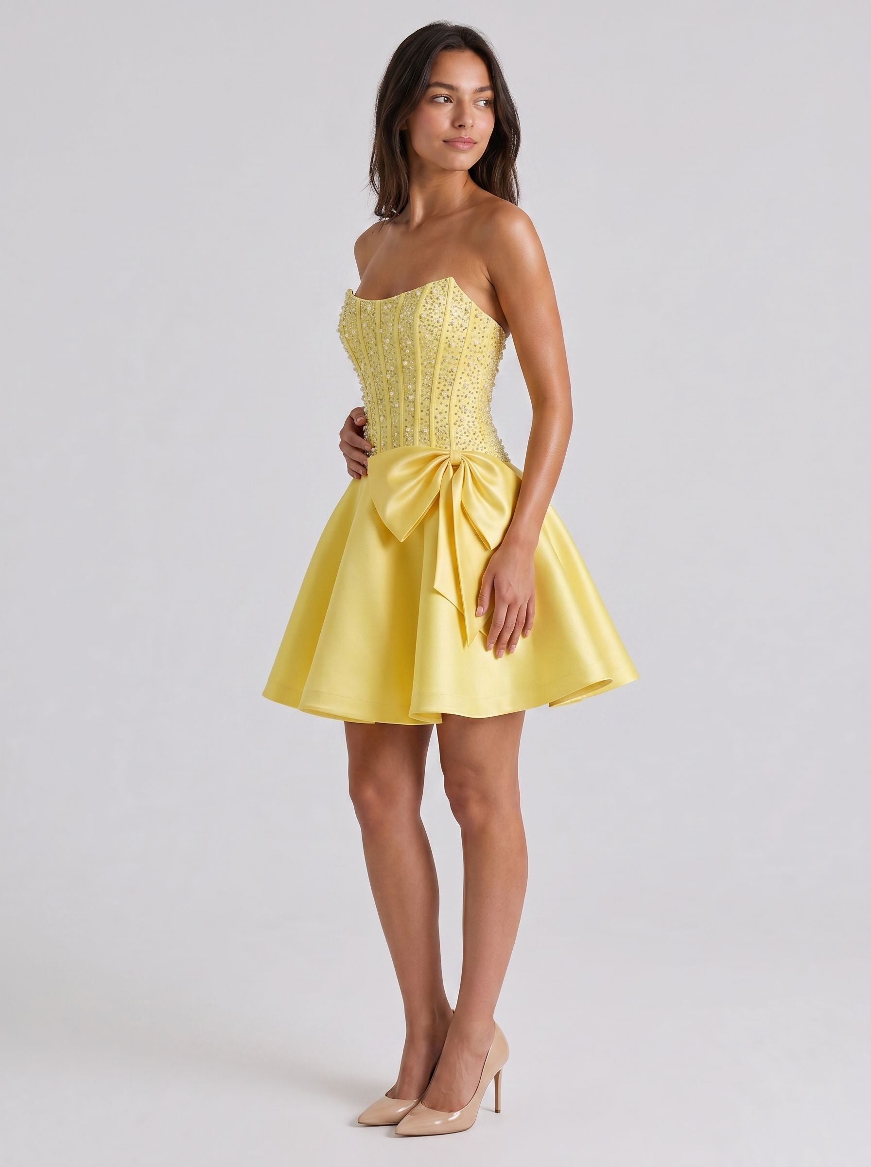 Daffodil Satin A-Line Straight Neck Back Zip Short Dress with Pearl Beaded Bodice
