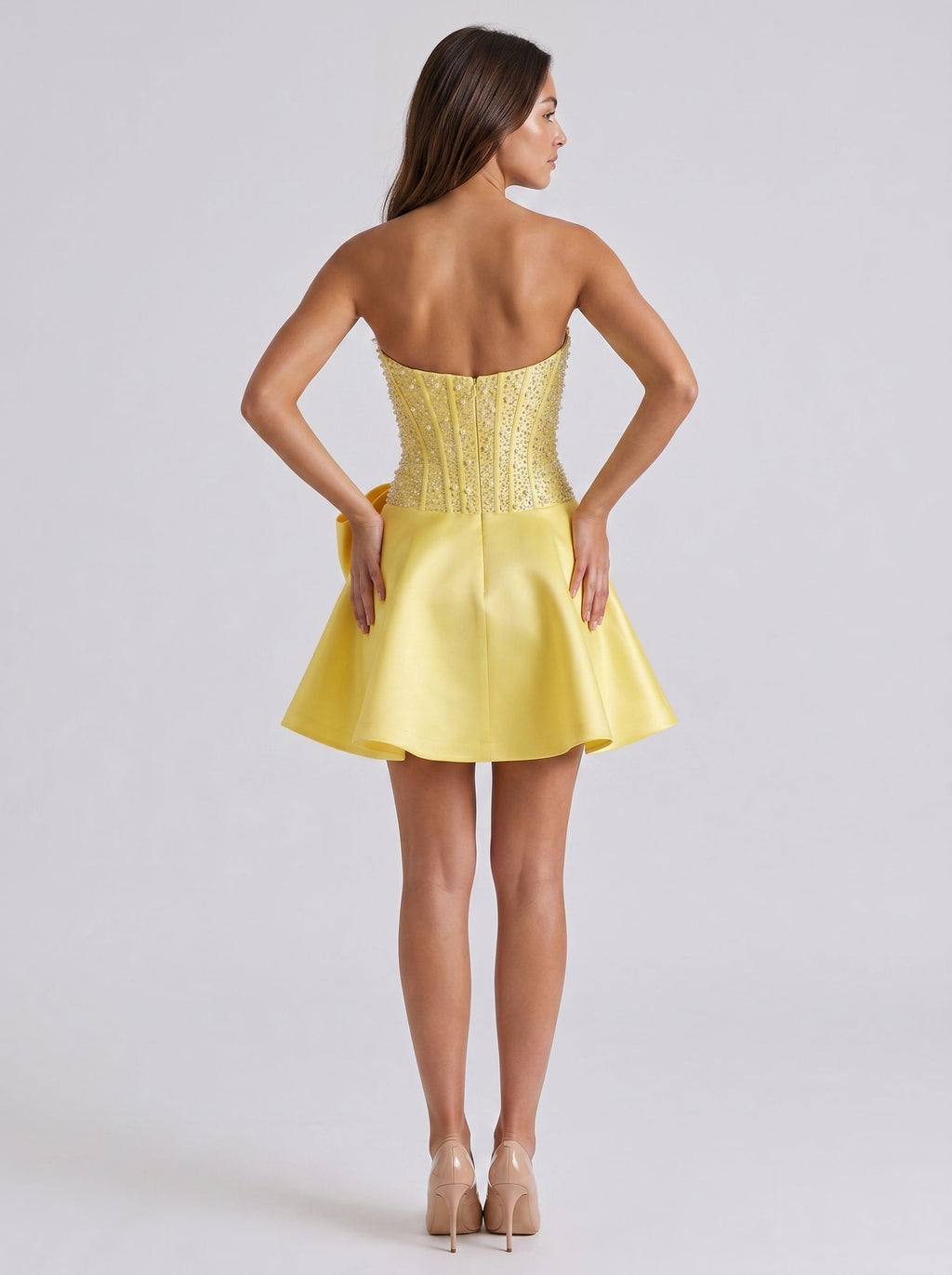 Daffodil Satin A-Line Straight Neck Back Zip Short Dress with Pearl Beaded Bodice