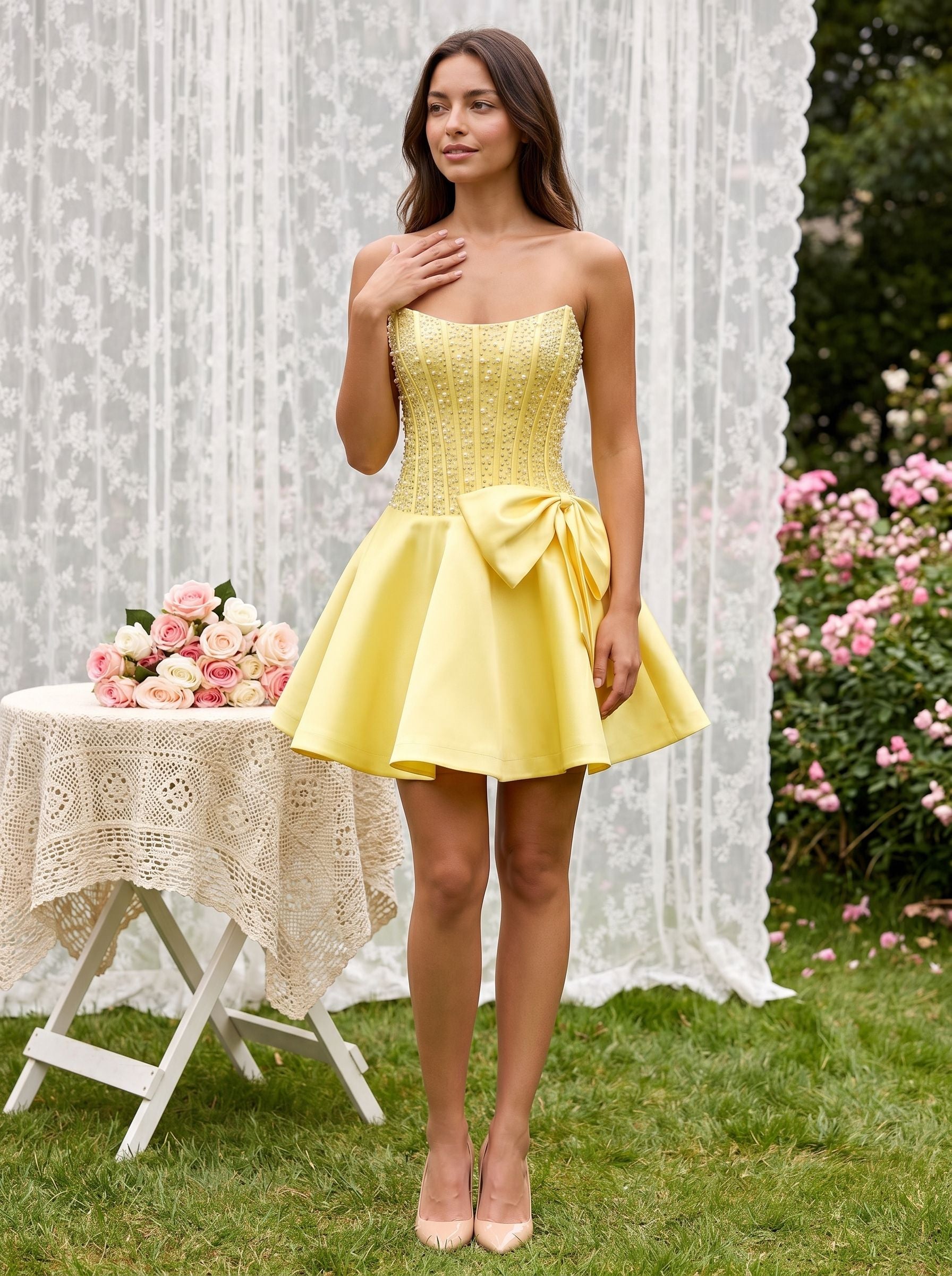 Daffodil Satin A-Line Straight Neck Back Zip Short Dress with Pearl Beaded Bodice