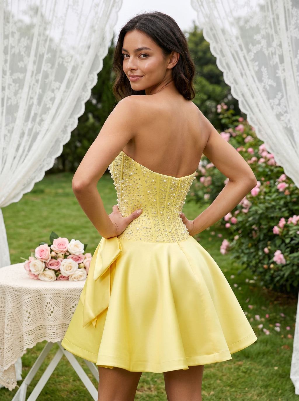Daffodil Satin A-Line Straight Neck Back Zip Short Dress with Pearl Beaded Bodice