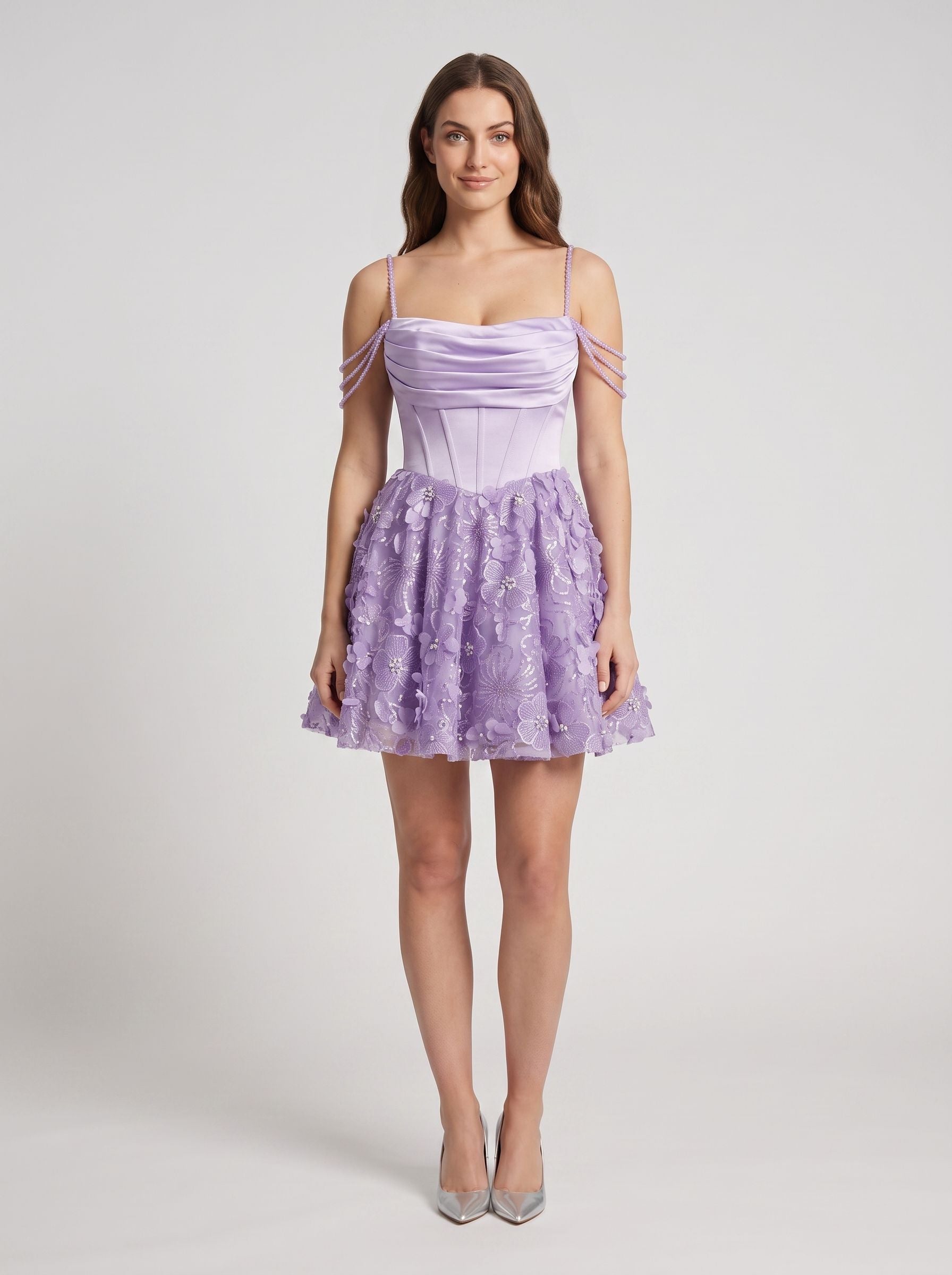 Lilac Sequins A-Line Cowl Neck  Back Zip Short Dress with 3D Flowers