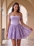 Lilac Sequins A-Line Cowl Neck  Back Zip Short Dress with 3D Flowers