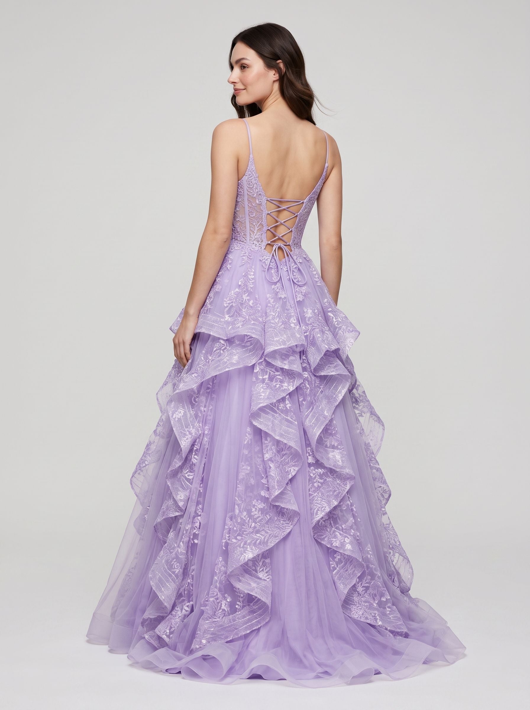 Lilac Tulle A-Line Sweetheart Lace-up Floor-Length Dress with Ruffles