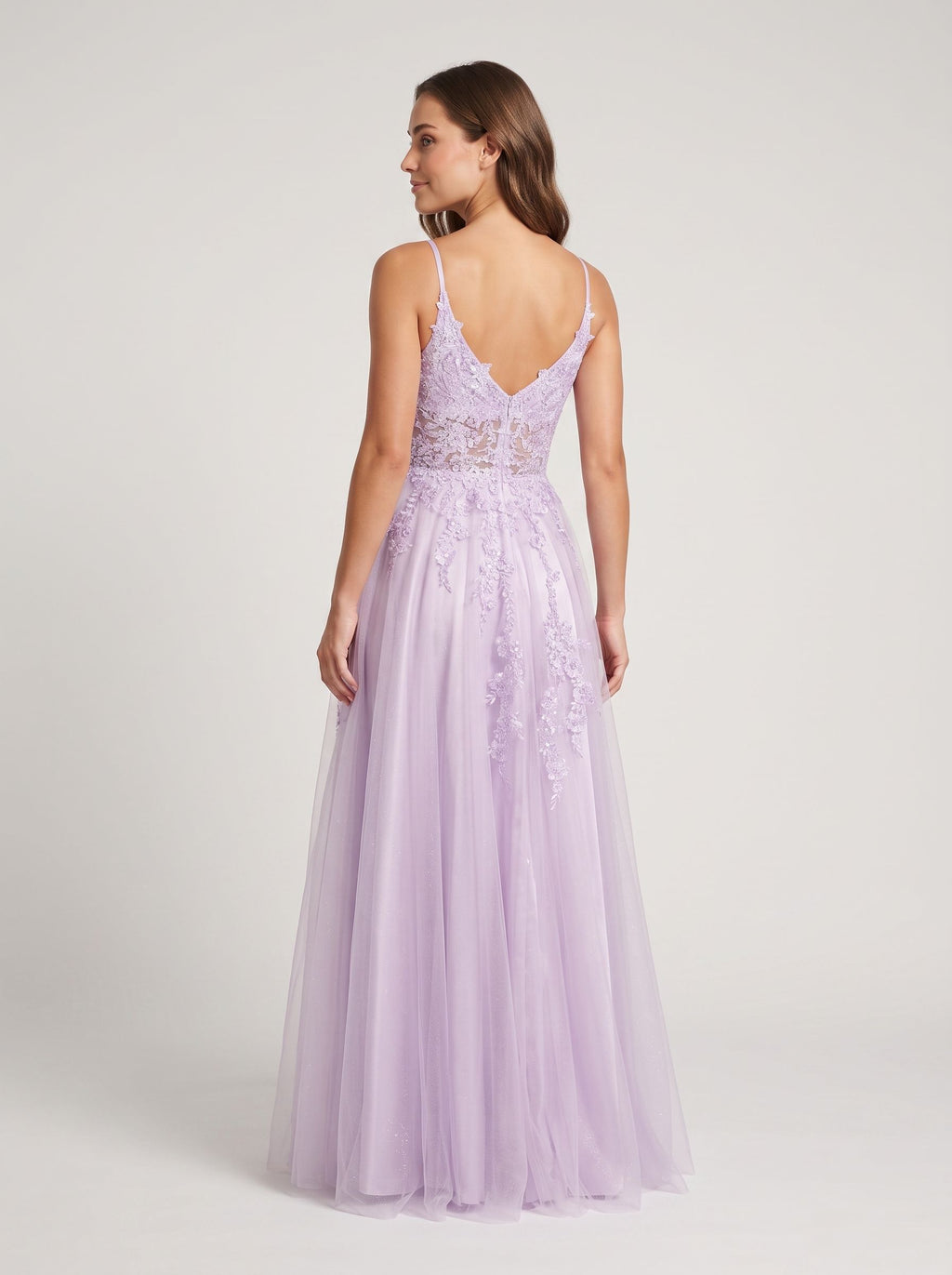 Lilac Tulle A-Line V-Neck Back Zip Floor-Length Dress with a High Slit