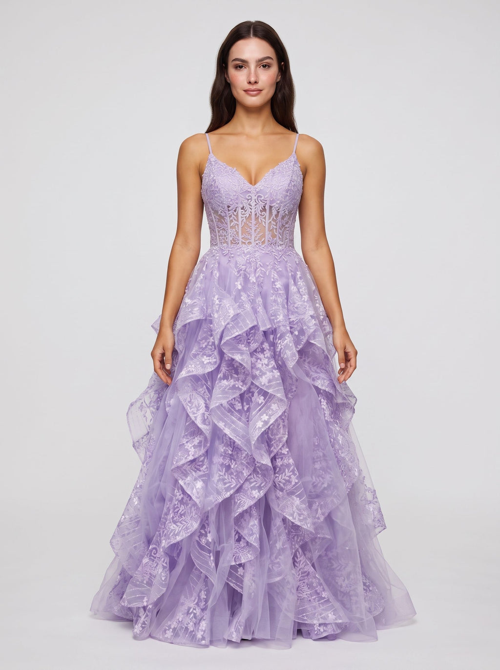 Lilac Tulle A-Line Sweetheart Lace-up Floor-Length Dress with Ruffles