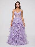 Lilac Tulle A-Line Sweetheart Lace-up Floor-Length Dress with Ruffles