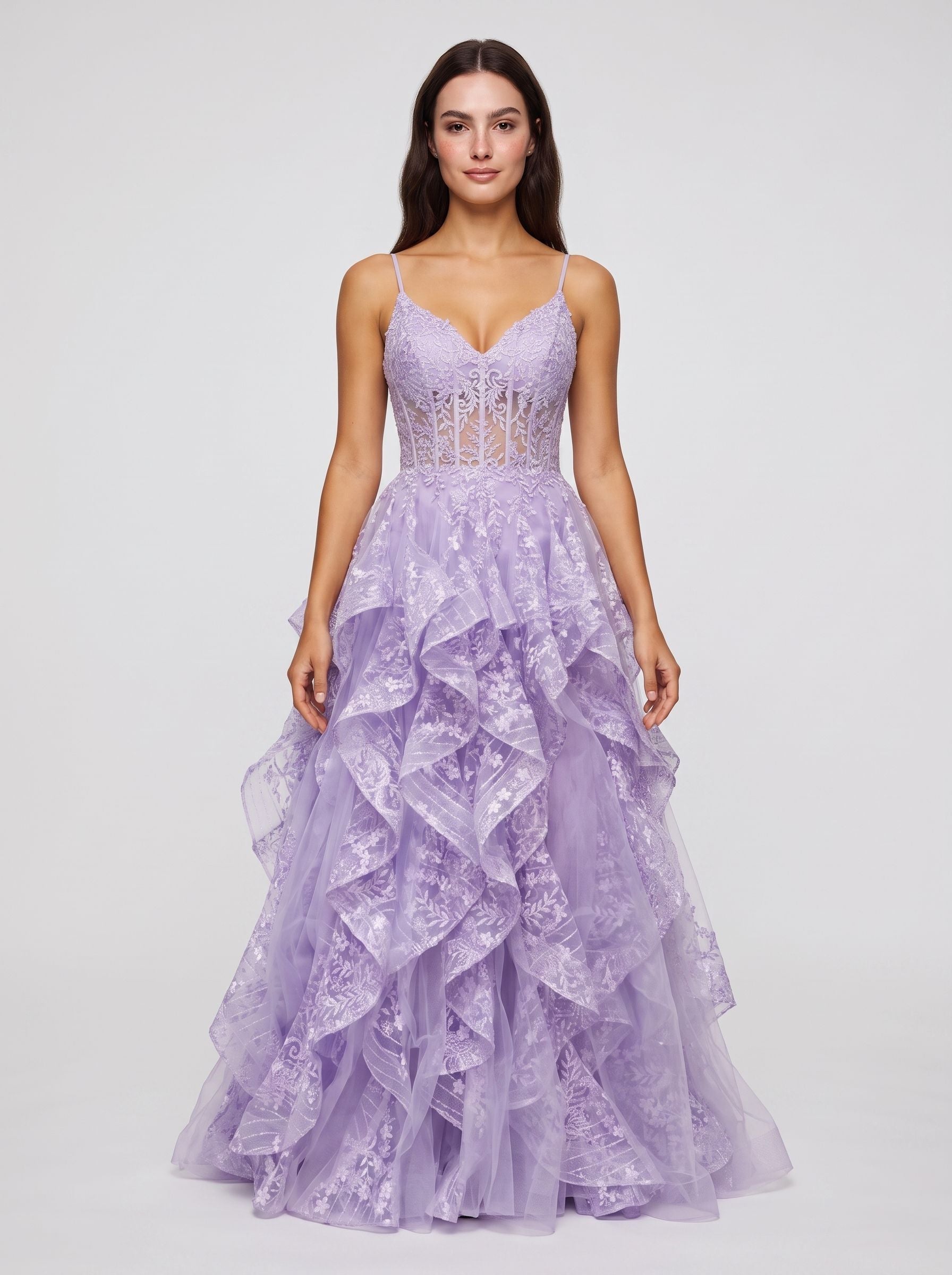 Lilac Tulle A-Line Sweetheart Lace-up Floor-Length Dress with Ruffles