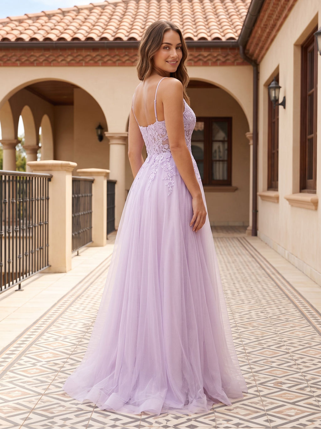 Lilac Tulle A-Line V-Neck Back Zip Floor-Length Dress with a High Slit