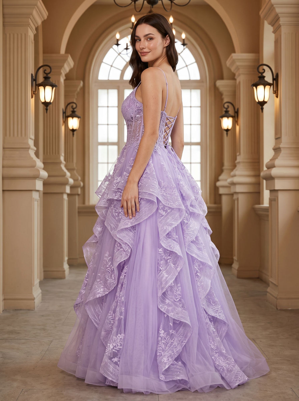 Lilac Tulle A-Line Sweetheart Lace-up Floor-Length Dress with Ruffles