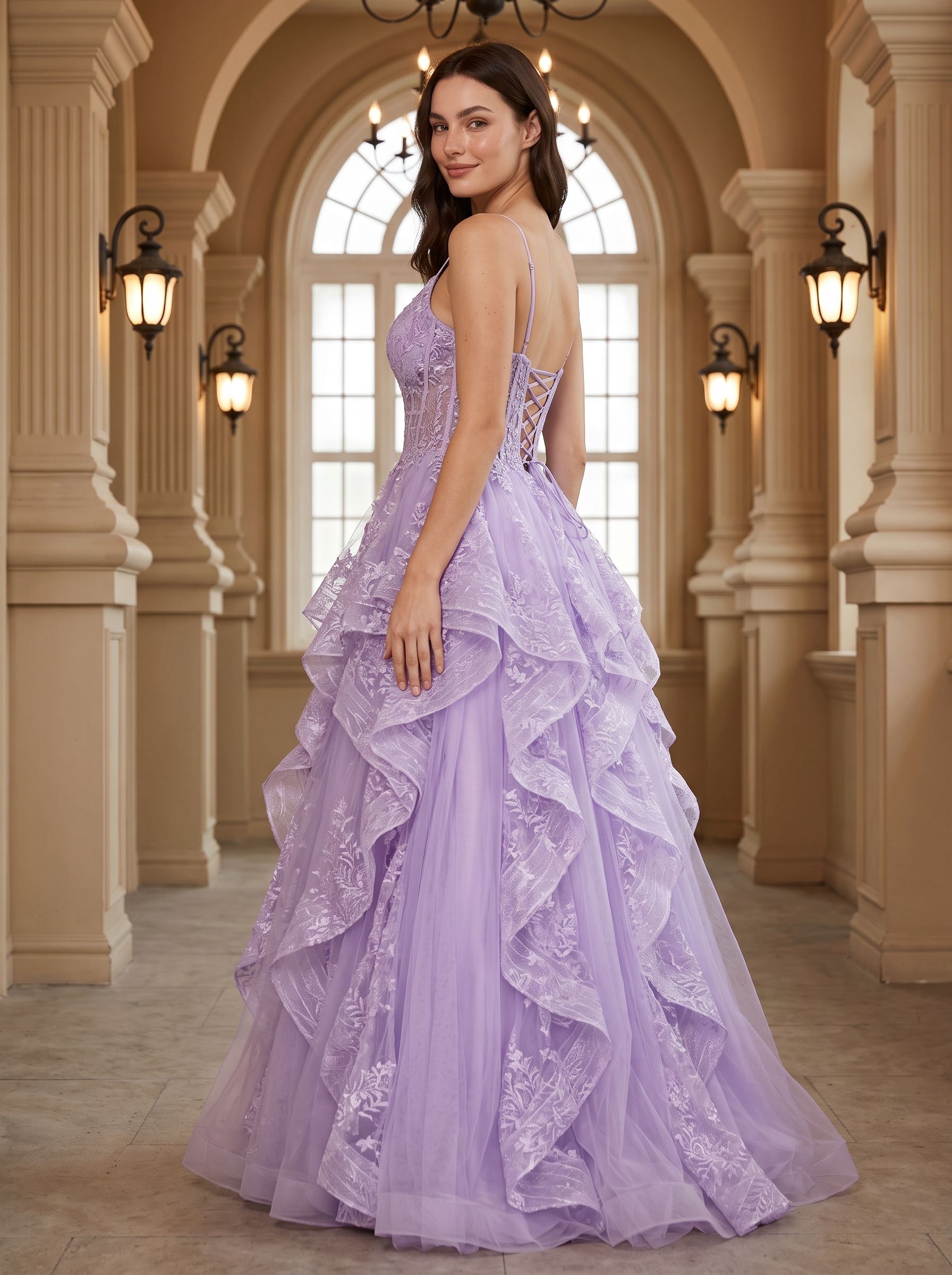 Lilac Tulle A-Line Sweetheart Lace-up Floor-Length Dress with Ruffles