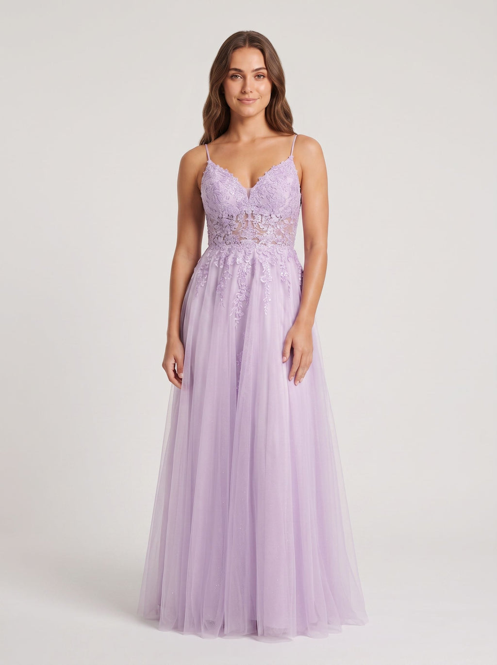 Lilac Tulle A-Line V-Neck Back Zip Floor-Length Dress with a High Slit