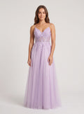 Lilac Tulle A-Line V-Neck Back Zip Floor-Length Dress with a High Slit