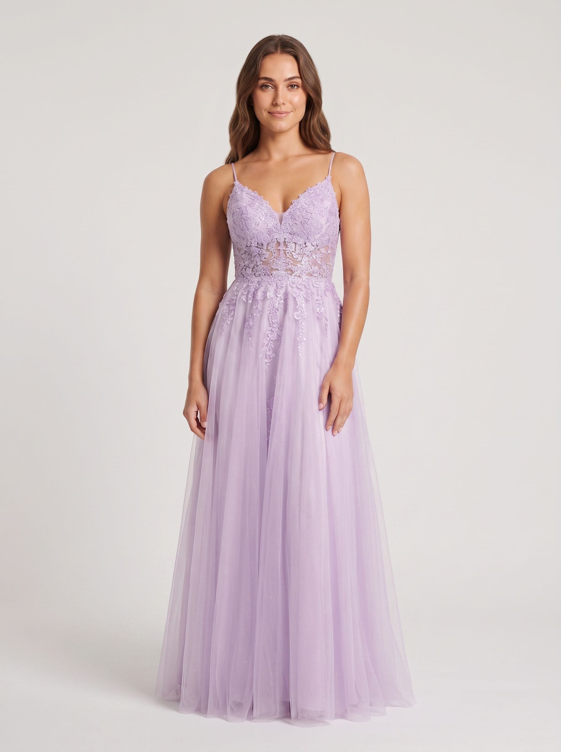 Lilac Tulle A-Line V-Neck Back Zip Floor-Length Dress with a High Slit