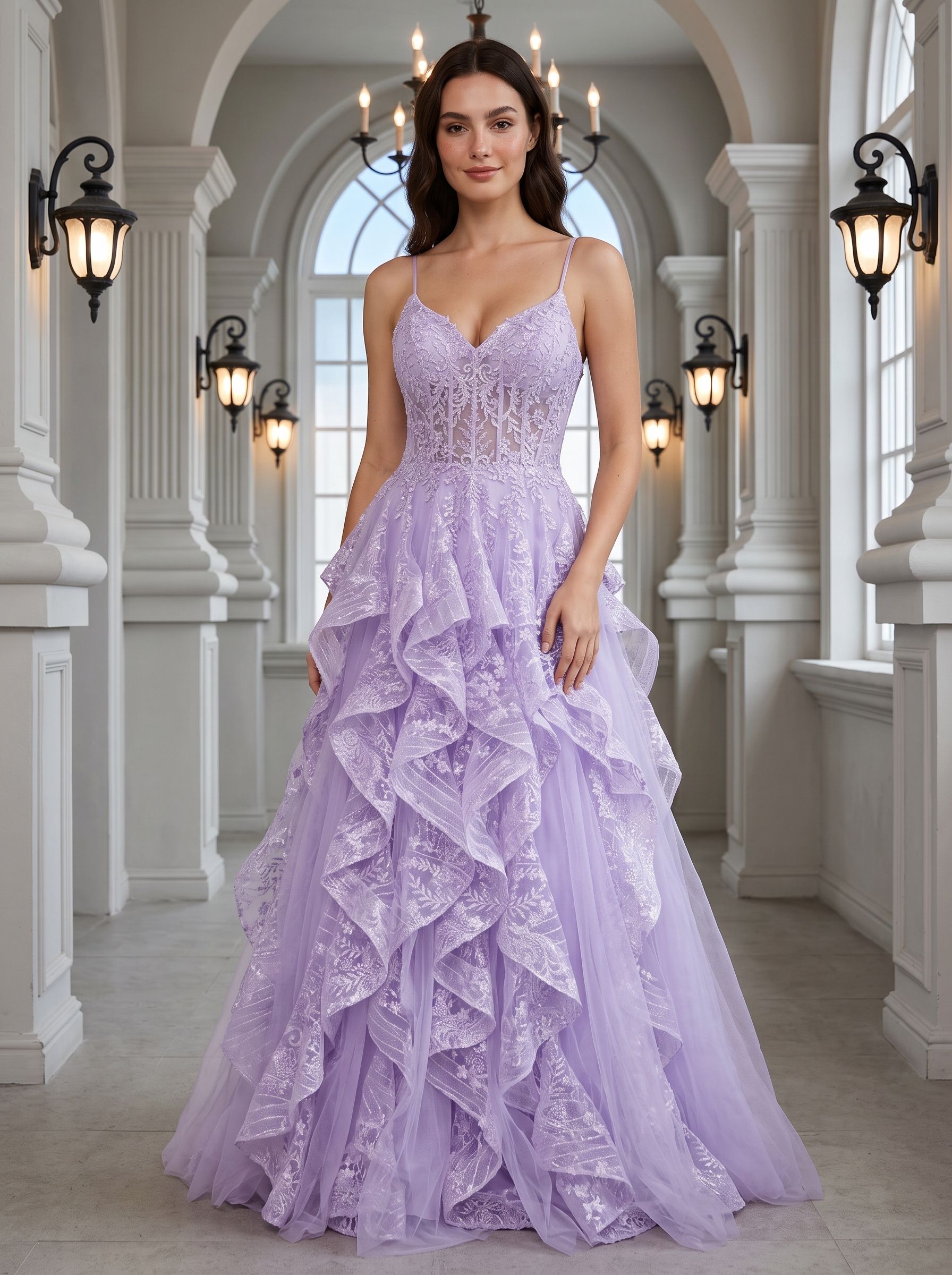 Lilac Tulle A-Line Sweetheart Lace-up Floor-Length Dress with Ruffles