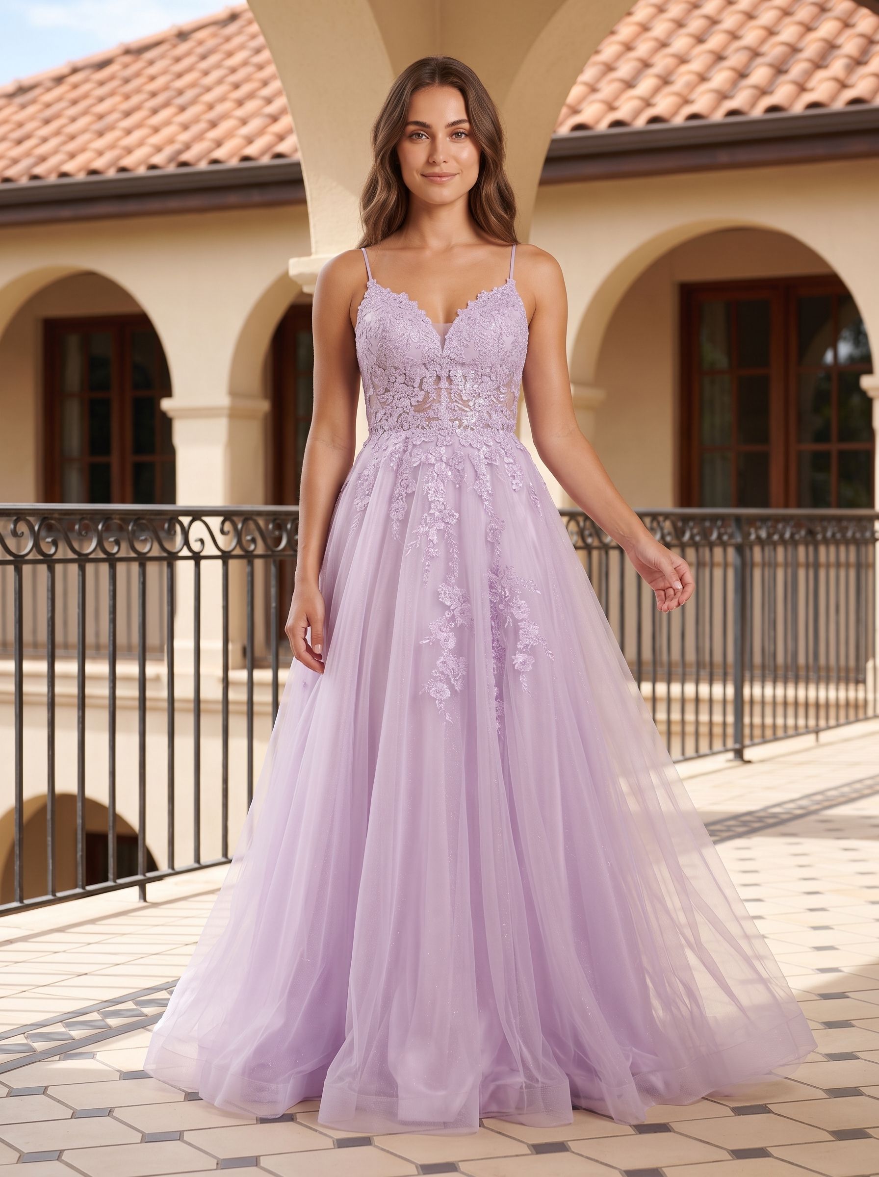 Lilac Tulle A-Line V-Neck Back Zip Floor-Length Dress with a High Slit