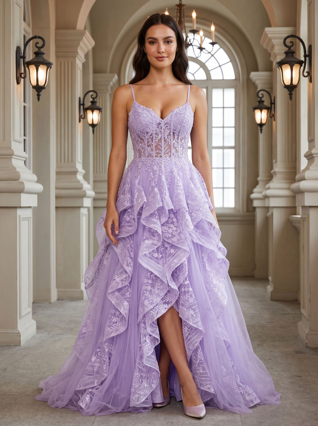 Lilac Tulle A-Line Sweetheart Lace-up Floor-Length Dress with Ruffles