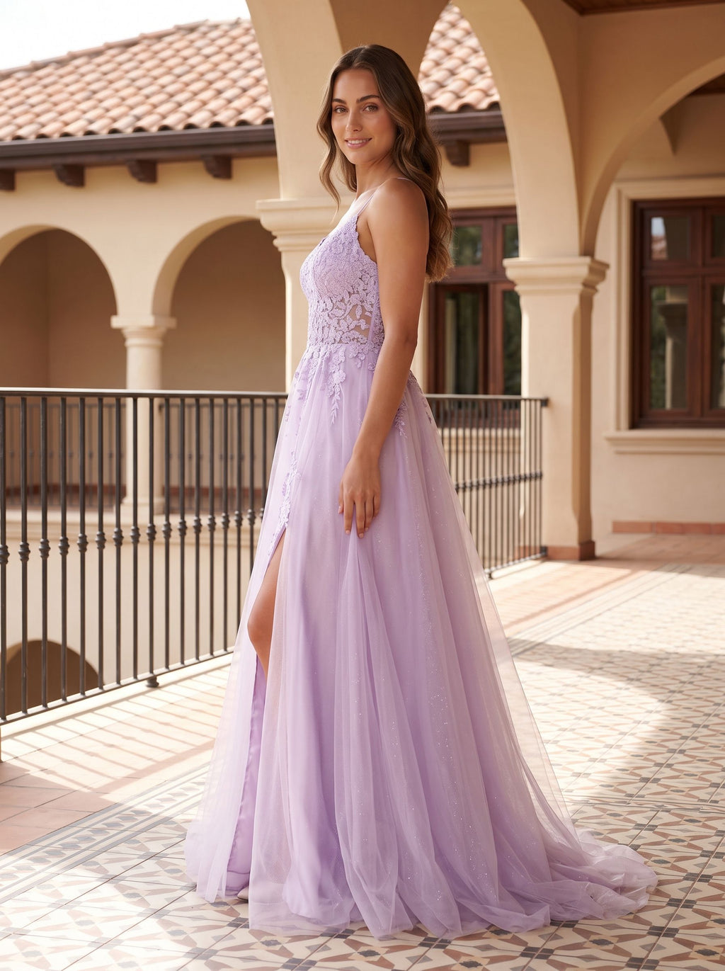 Lilac Tulle A-Line V-Neck Back Zip Floor-Length Dress with a High Slit