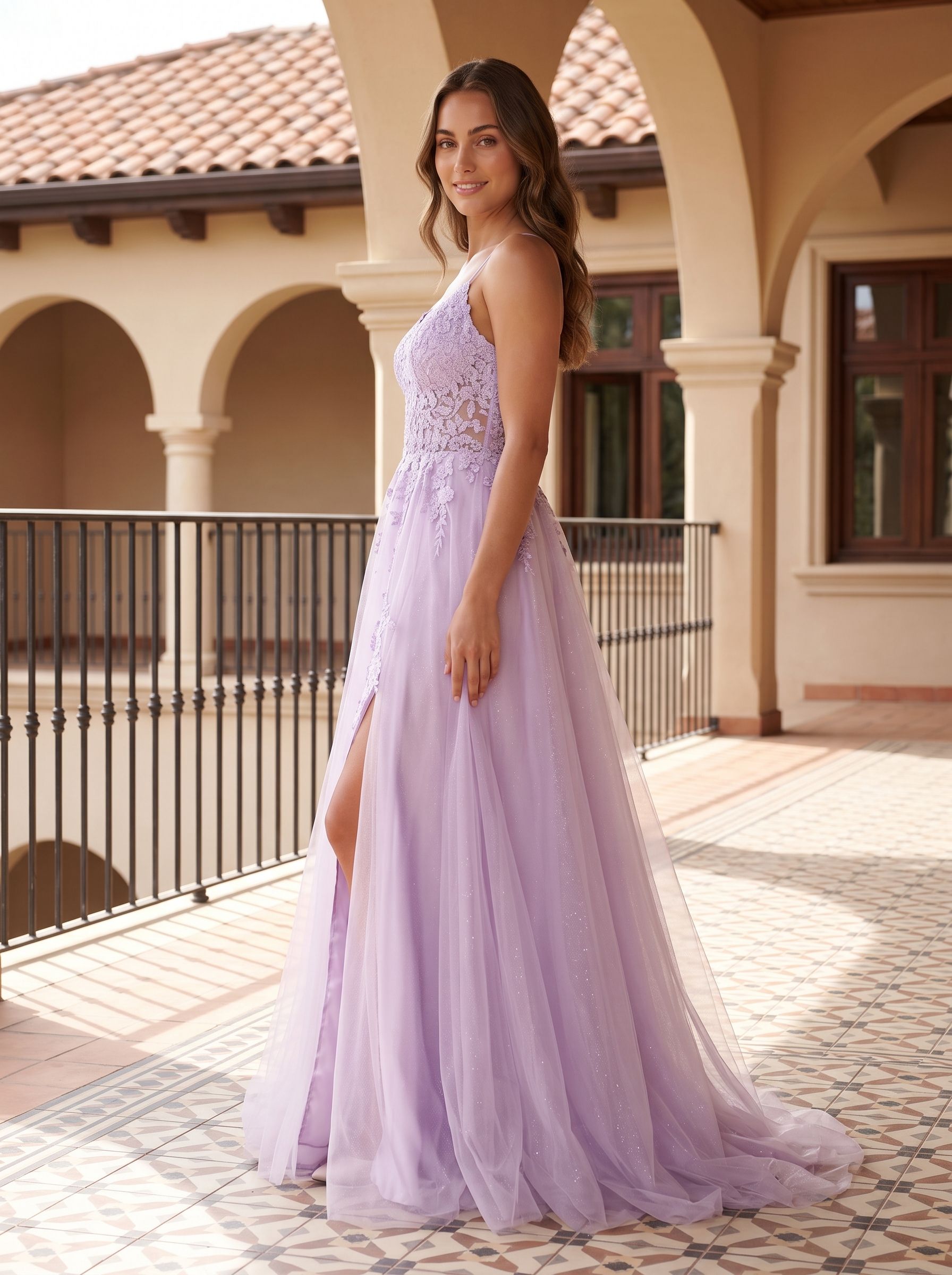 Lilac Tulle A-Line V-Neck Back Zip Floor-Length Dress with a High Slit