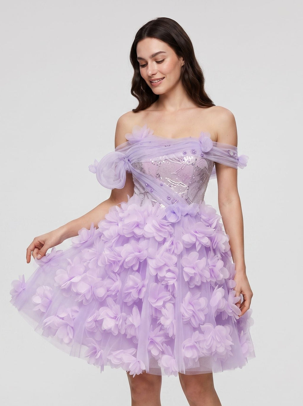 Lilac Tulle A-Line Off-the-Shoulder Criss-Cross Straps Short Dress with 3D Floral