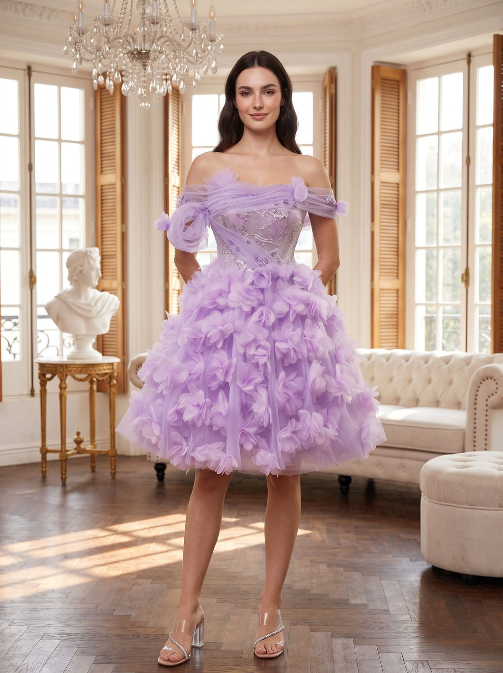 Lilac Tulle A-Line Off-the-Shoulder Criss-Cross Straps Short Dress with 3D Floral