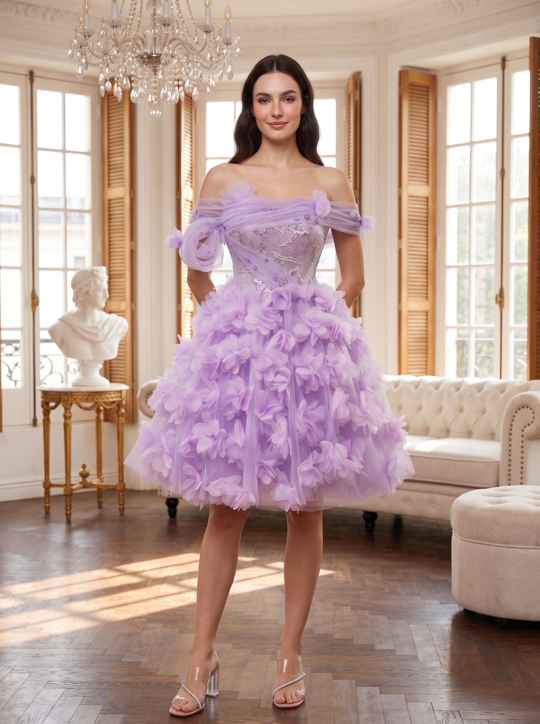 Lilac Tulle A-Line Off-the-Shoulder Criss-Cross Straps Short Dress with 3D Floral