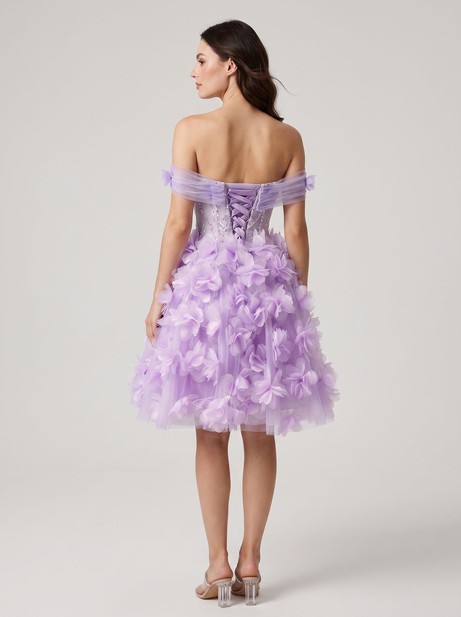 Lilac Tulle A-Line Off-the-Shoulder Criss-Cross Straps Short Dress with 3D Floral
