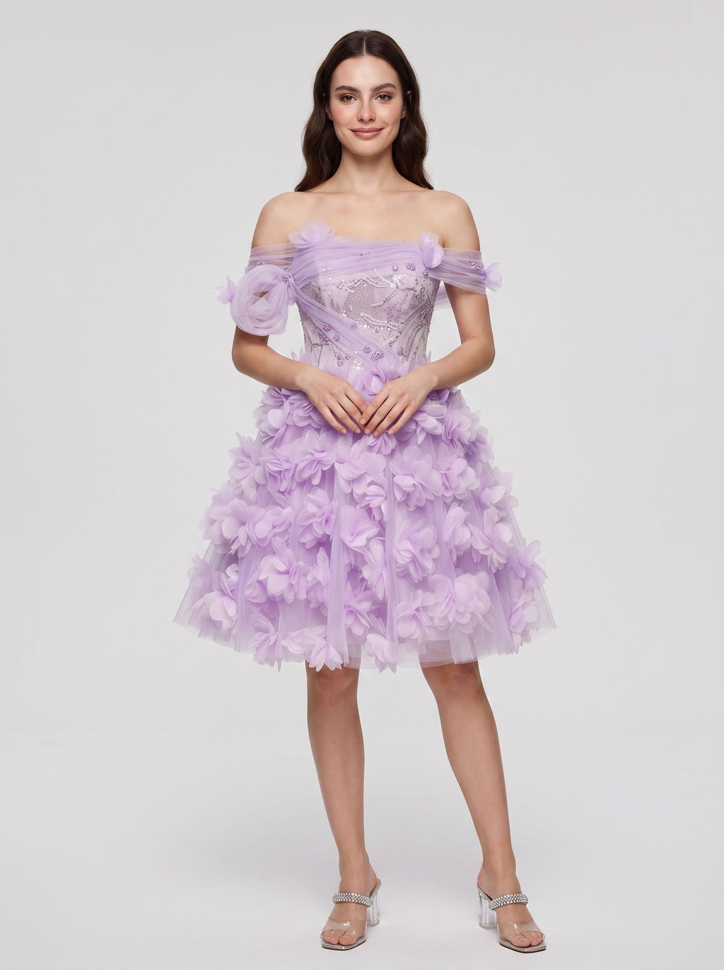 Lilac Tulle A-Line Off-the-Shoulder Criss-Cross Straps Short Dress with 3D Floral