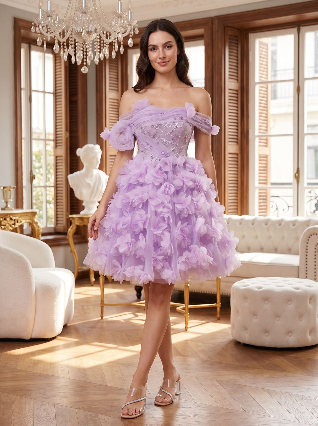 Lilac Tulle A-Line Off-the-Shoulder Criss-Cross Straps Short Dress with 3D Floral