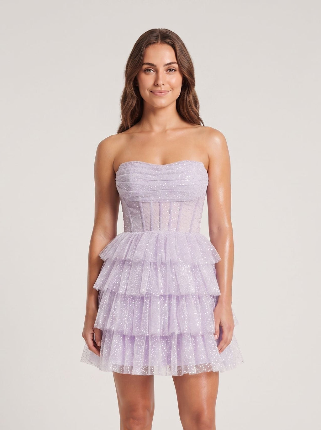 Lilac Tulle A-Line Straight Neck Back Zip Short Dress with Tiered Ruffles
