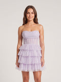 Lilac Tulle A-Line Straight Neck Back Zip Short Dress with Tiered Ruffles