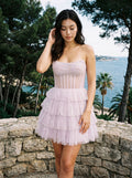 Lilac Tulle A-Line Straight Neck Back Zip Short Dress with Tiered Skirt