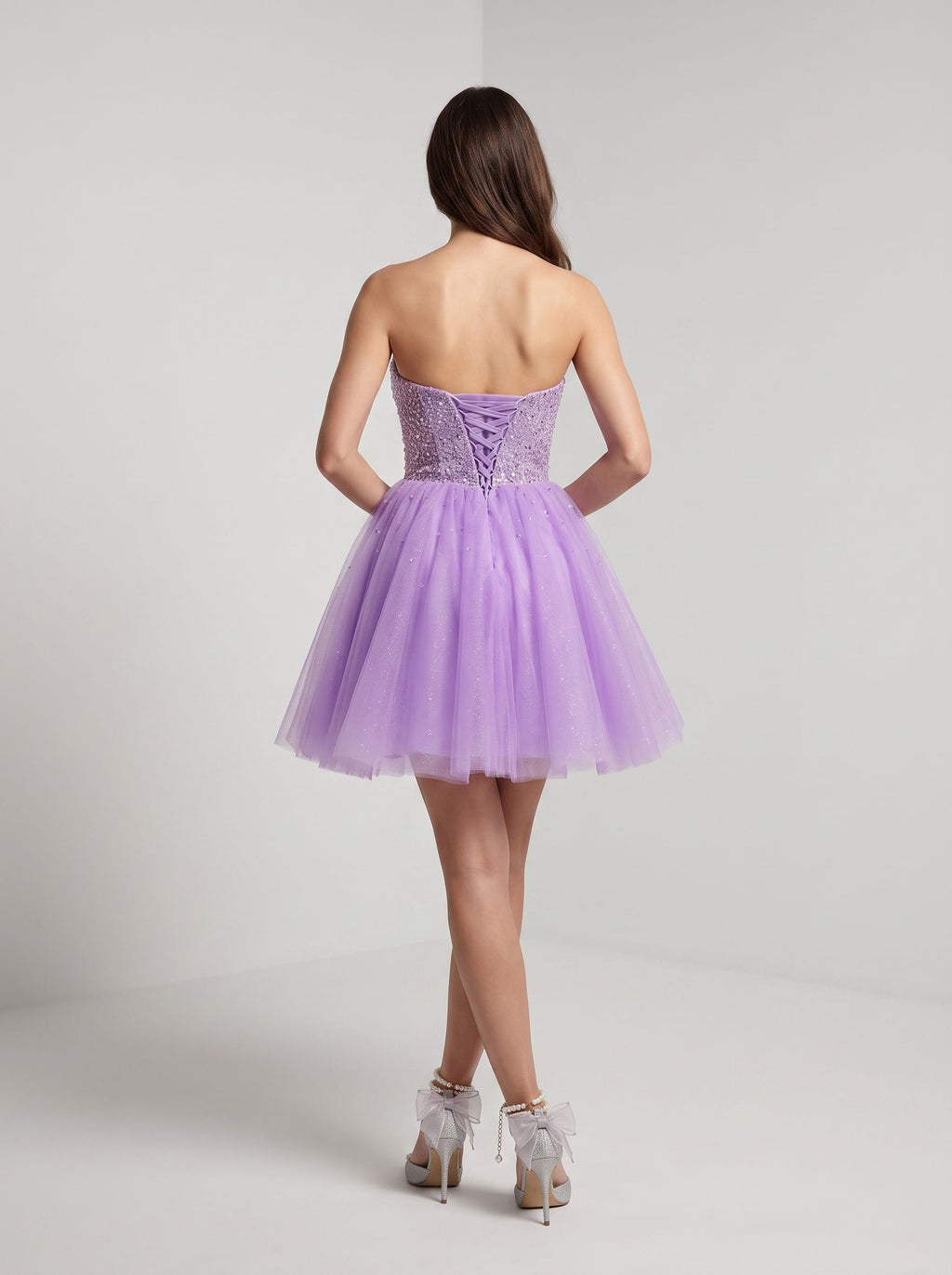 Purple Tulle A-Line Sweetheart Lace-up Short Dress with Sequins