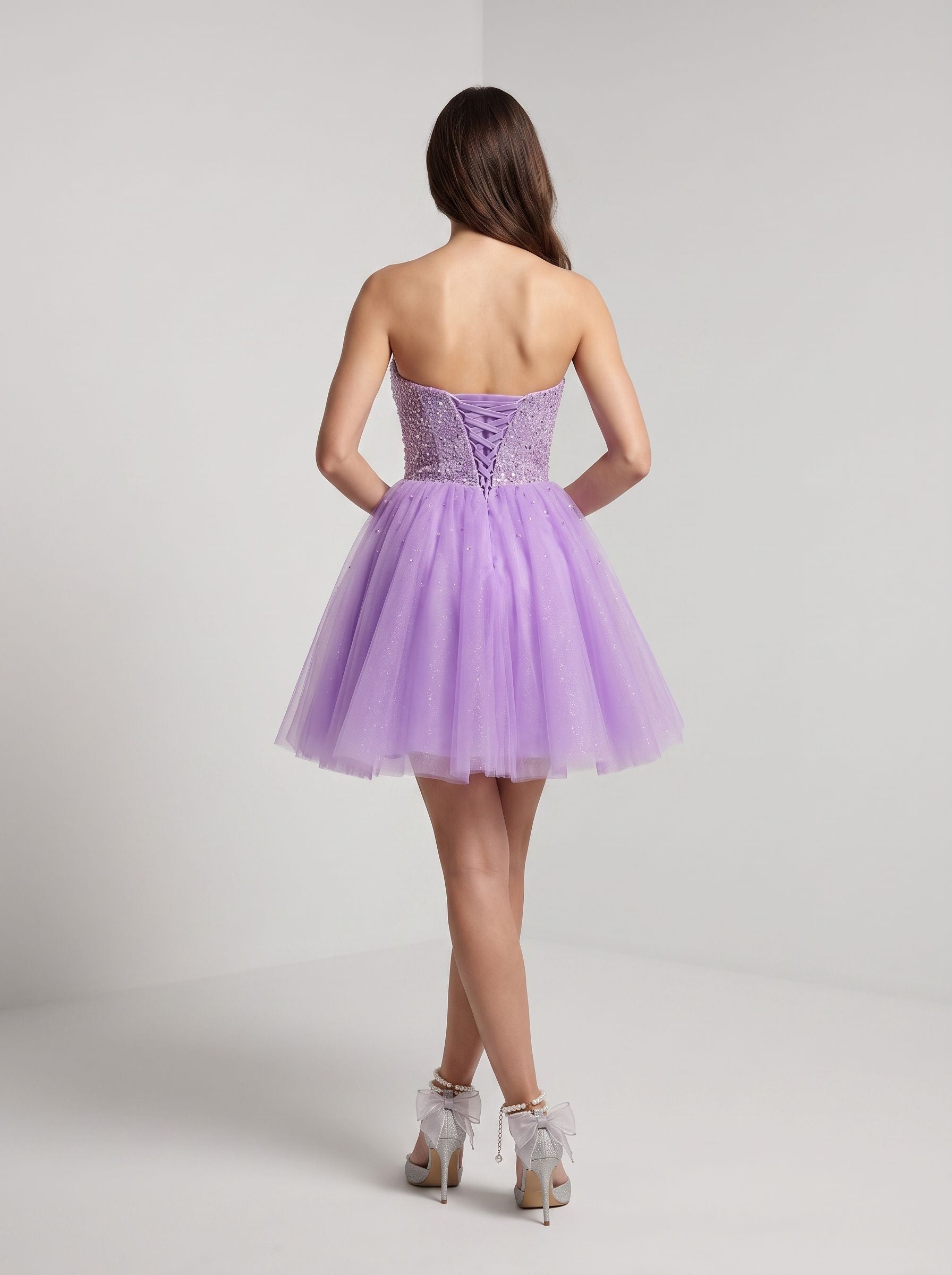 Purple Tulle A-Line Sweetheart Lace-up Short Dress with Sequins