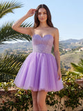 Purple Tulle A-Line Sweetheart Lace-up Short Dress with Sequins