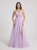 Lilac Tulle A-Line V-Neck Lace-up Floor-Length Dress with Sheer Corset Bodice and Side Slit